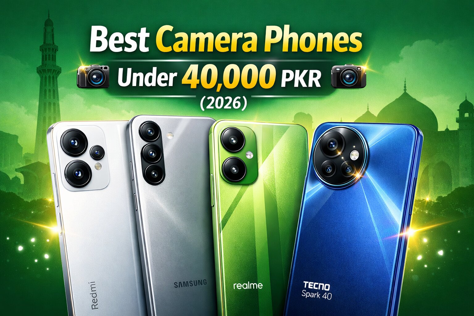 Best camera phones under 40000 in Pakistan 2026 featuring Tecno Spark 40, Samsung Galaxy A05s, Realme C71 and Xiaomi Redmi 13