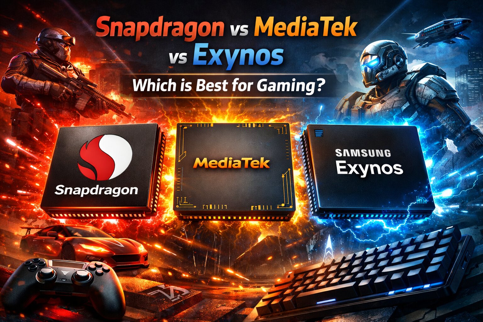 Snapdragon vs MediaTek vs Exynos processors comparison for gaming showing chip performance, graphics power, and gaming efficiency
