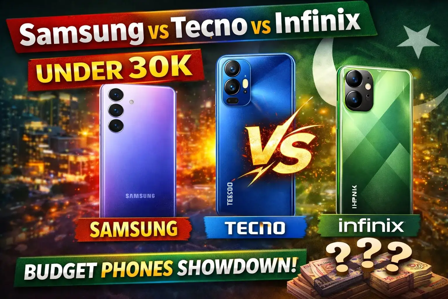Samsung vs Tecno vs Infinix smartphones under 30000 PKR comparison in Pakistan showing budget phone showdown